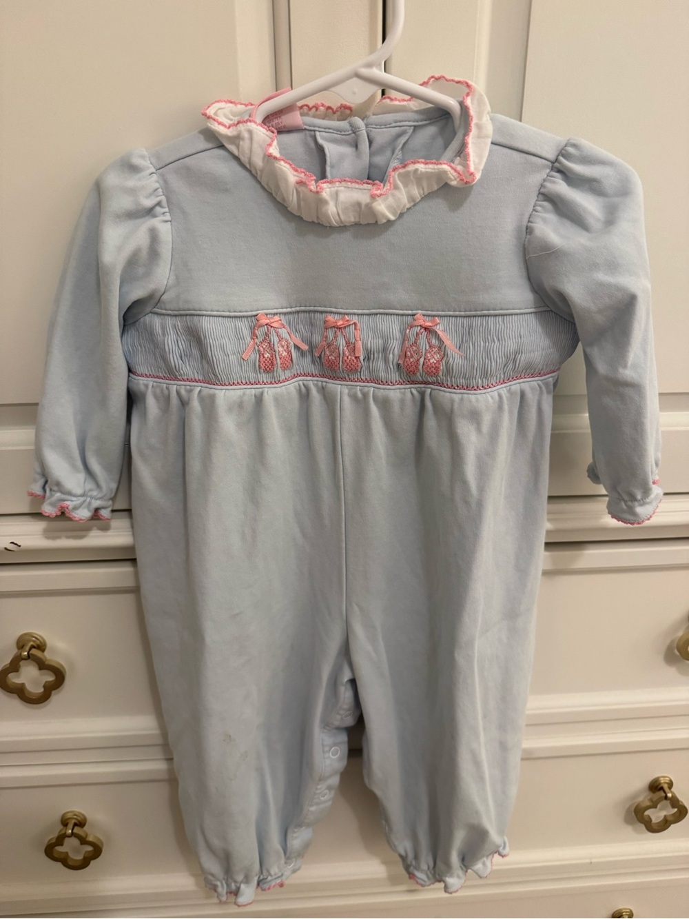 Petit Bebe Light Blue Smocked Ballet Romper